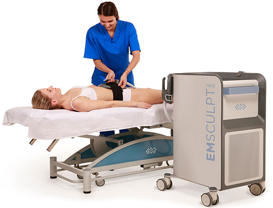 Female patient receiving Emsculpt NEO™ treatment for abs